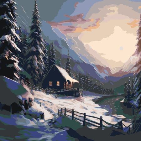 Картина по номерам «Зима: Вечерний пейзаж с домиком в горах», EVEE-winter-0001  (Цены)