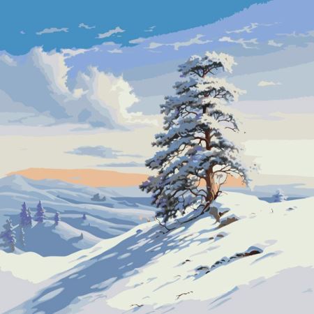 Картина по номерам «Зима: Пейзаж с сосной в снежных горах», EVEE-winter-0003  (Цены)