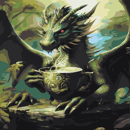 Картина по номерам «Зеленый дракон с чашкой чая», EVEE-dragons-0041  (Цены)