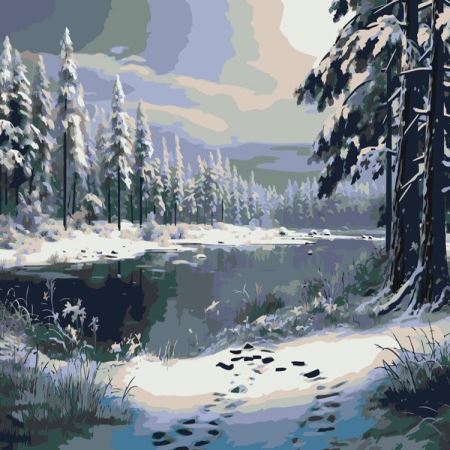 Картина по номерам «Зима: Снежный пейзаж с лесным озером», EVEE-winter-0002  (Цены)